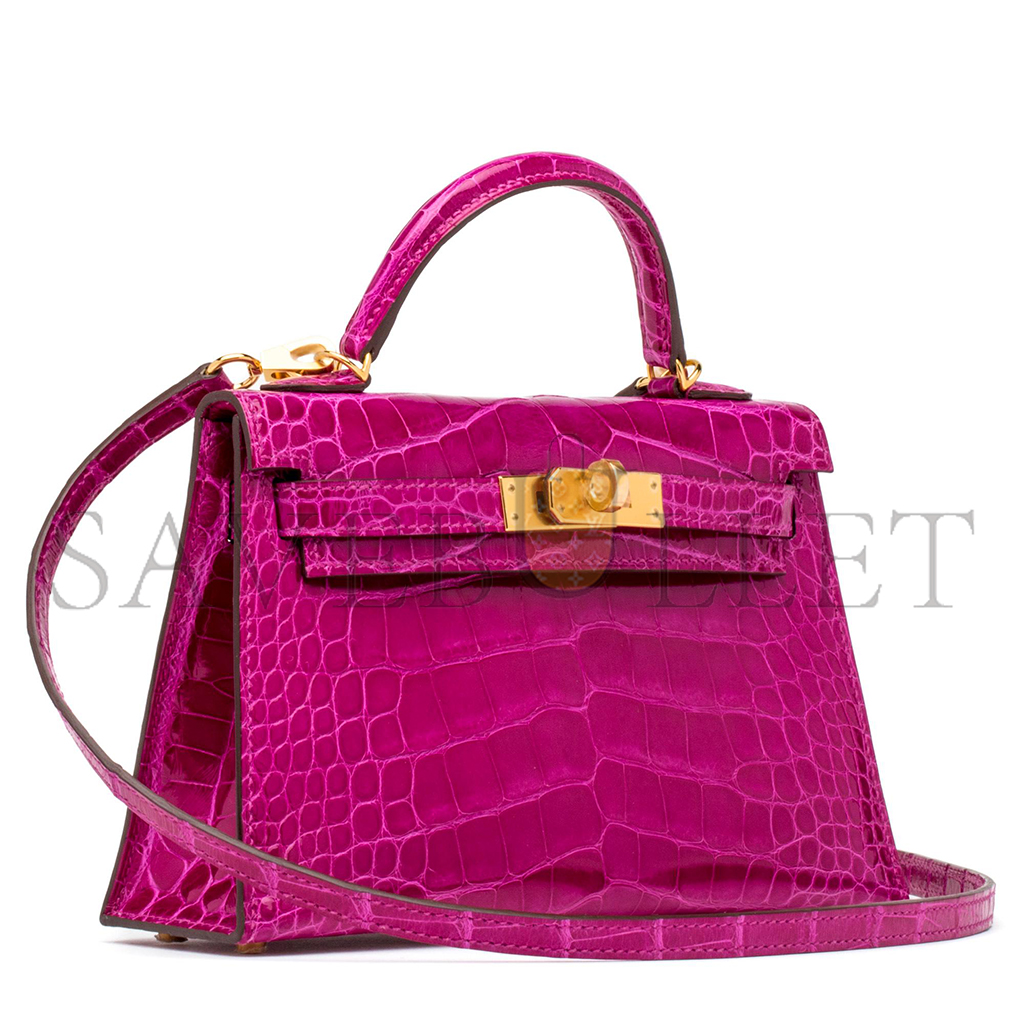 HERMÈS MASTER MINI KELLY II GLOSSY ALLIGATOR ROSE (19*12*5.5cm)